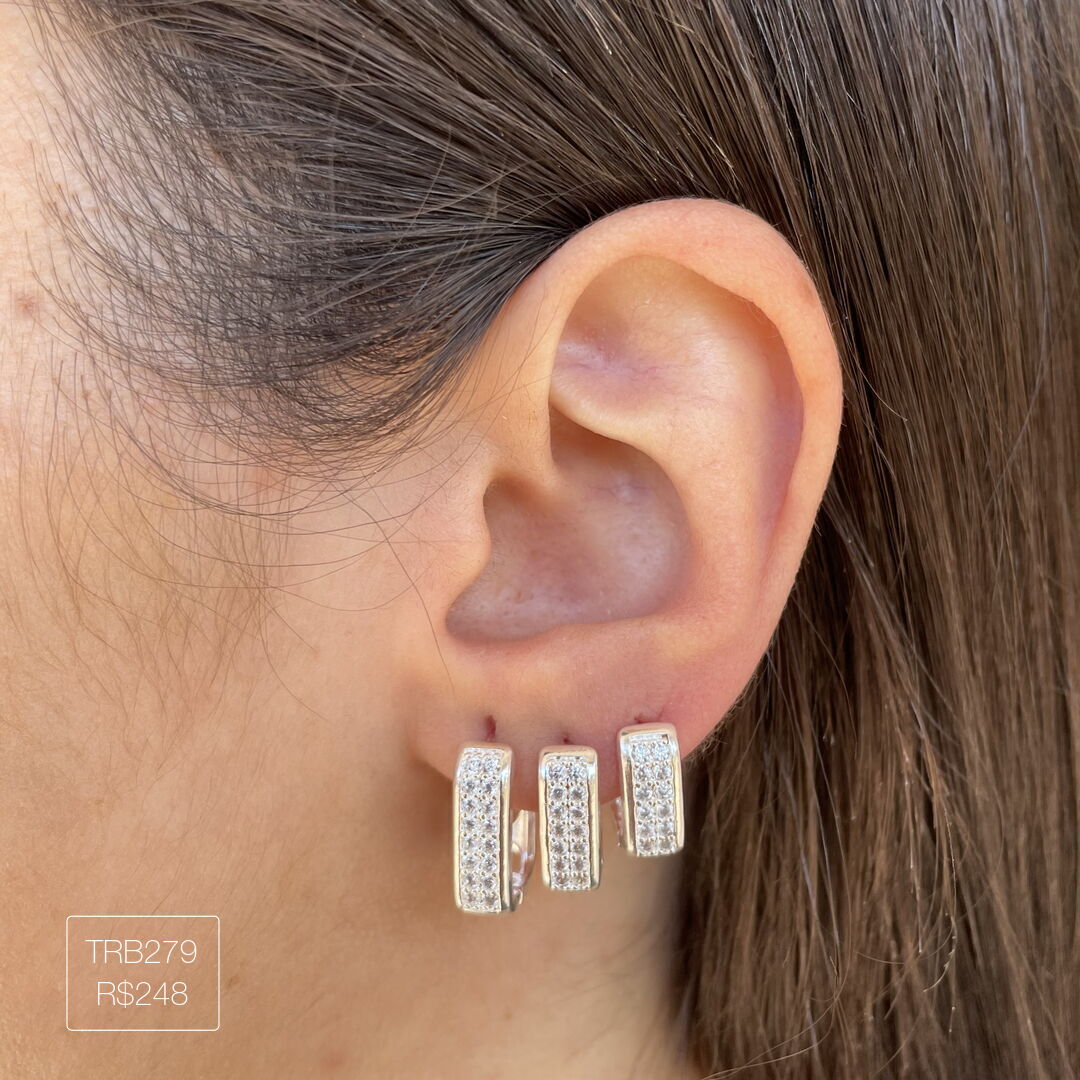 Trio de Argola Quadrada c/ 2 Carreiras Luxo Cravejada Cristal Prateado